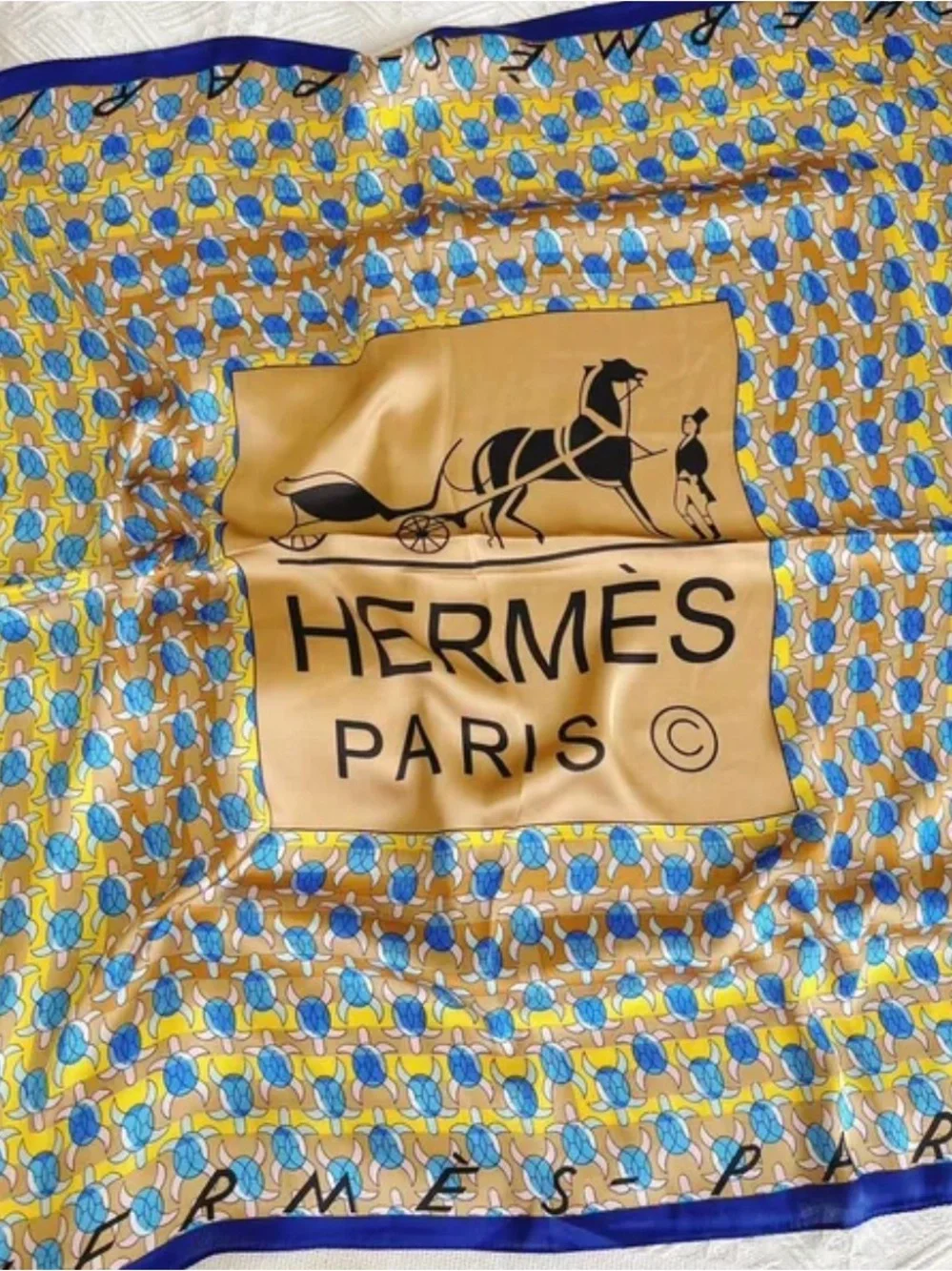 Hermès Yellow, Blue Scarf with Carriage Motif turtles 100% silk w/box bag tags